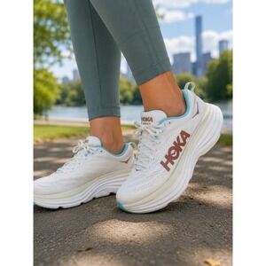 HOKA Bondi 8 Women's Running Shoes White Blue Cushioned Sneakers Size 7B